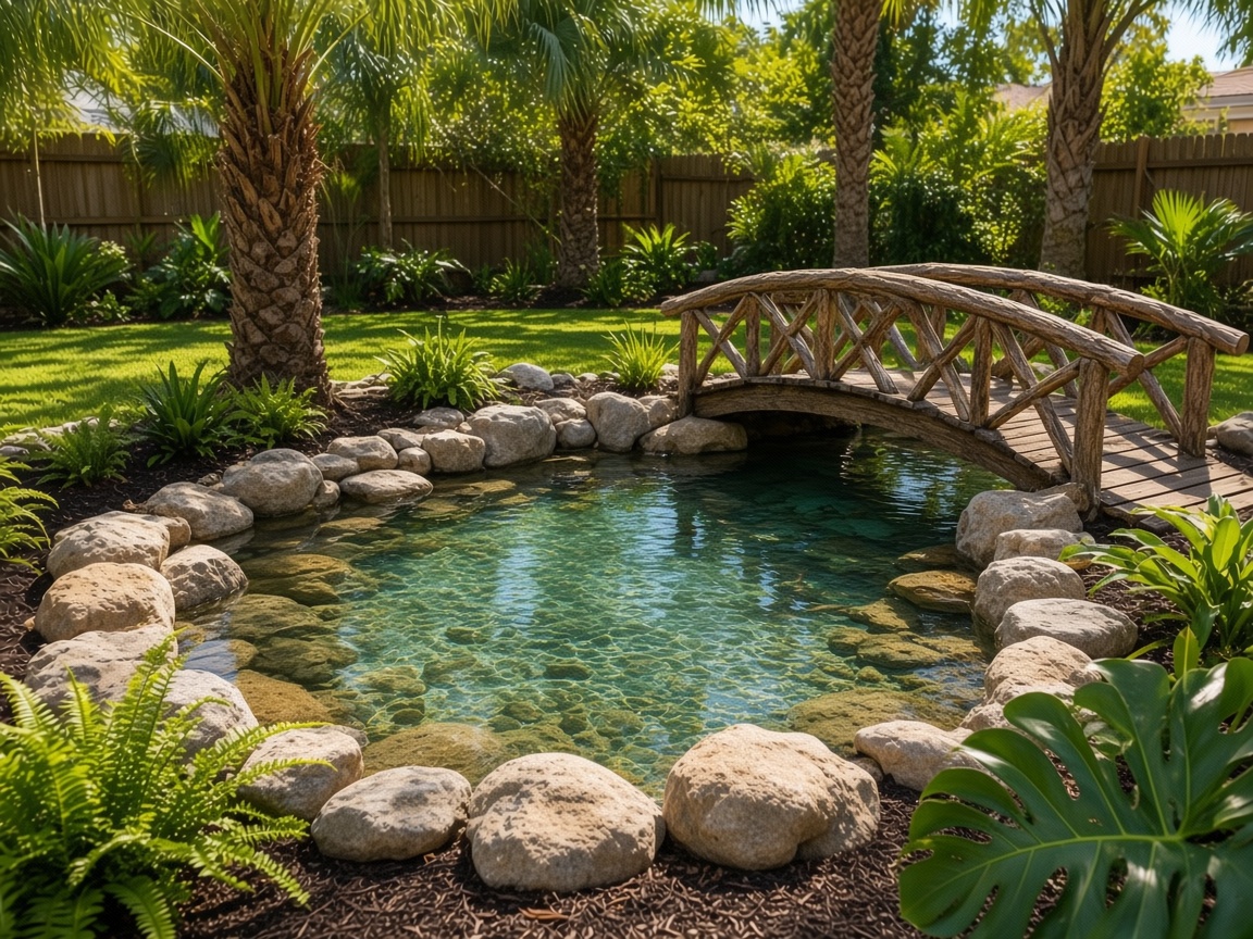 Boulder-edged pond with a timber-look bridge