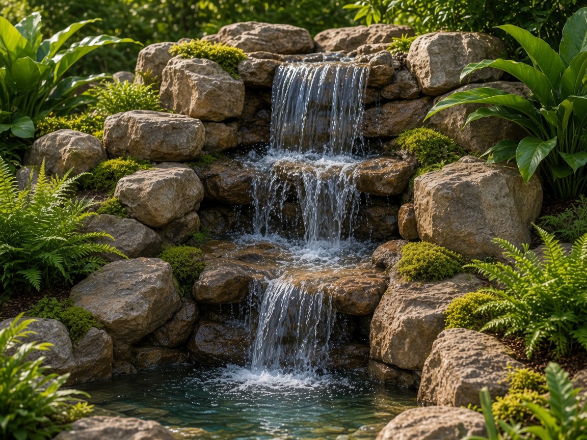 Tiered faux-rock waterfall falling into a small pool