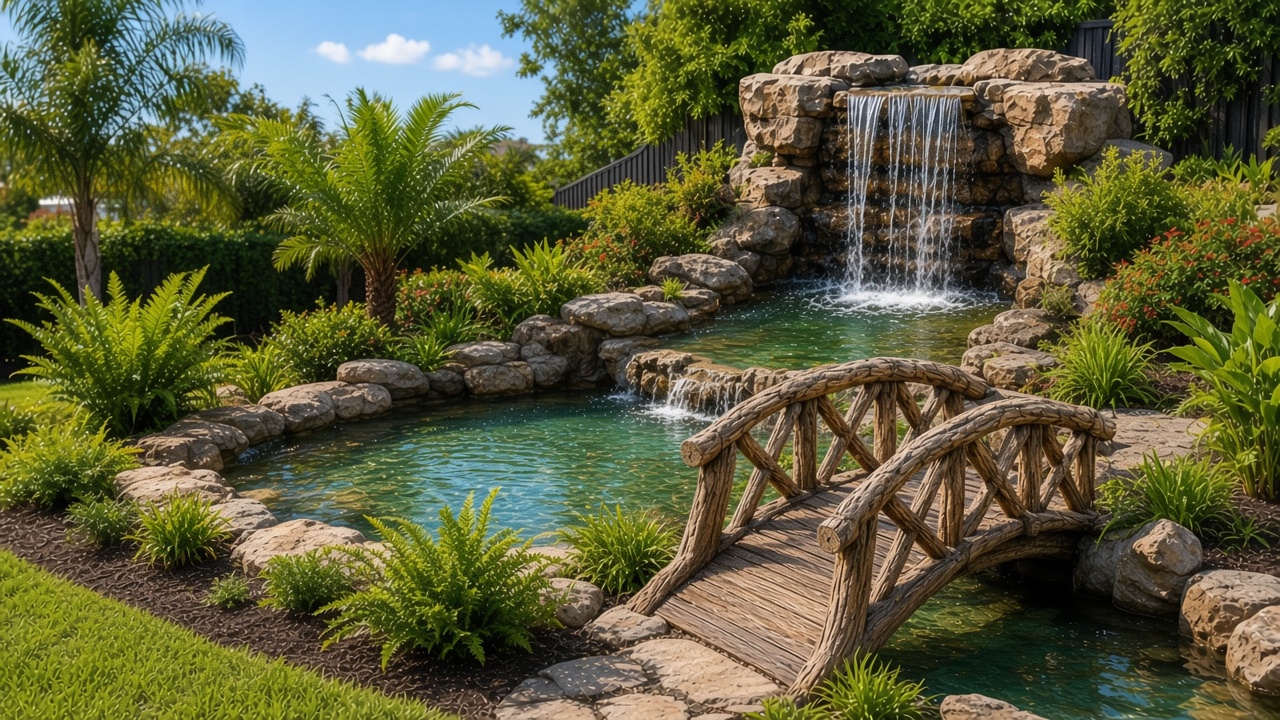 Faux rock waterfall and timber-look bridge over a backyard pond
